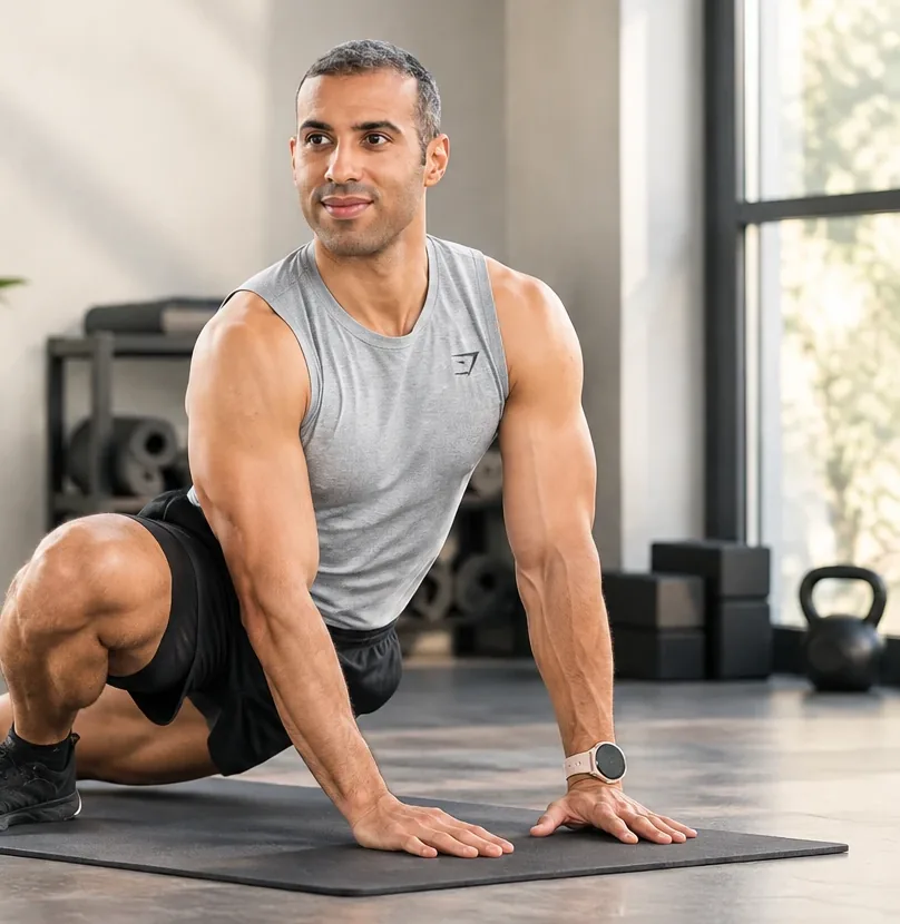 Coach Wael doing a hip-flexor mobility stretch