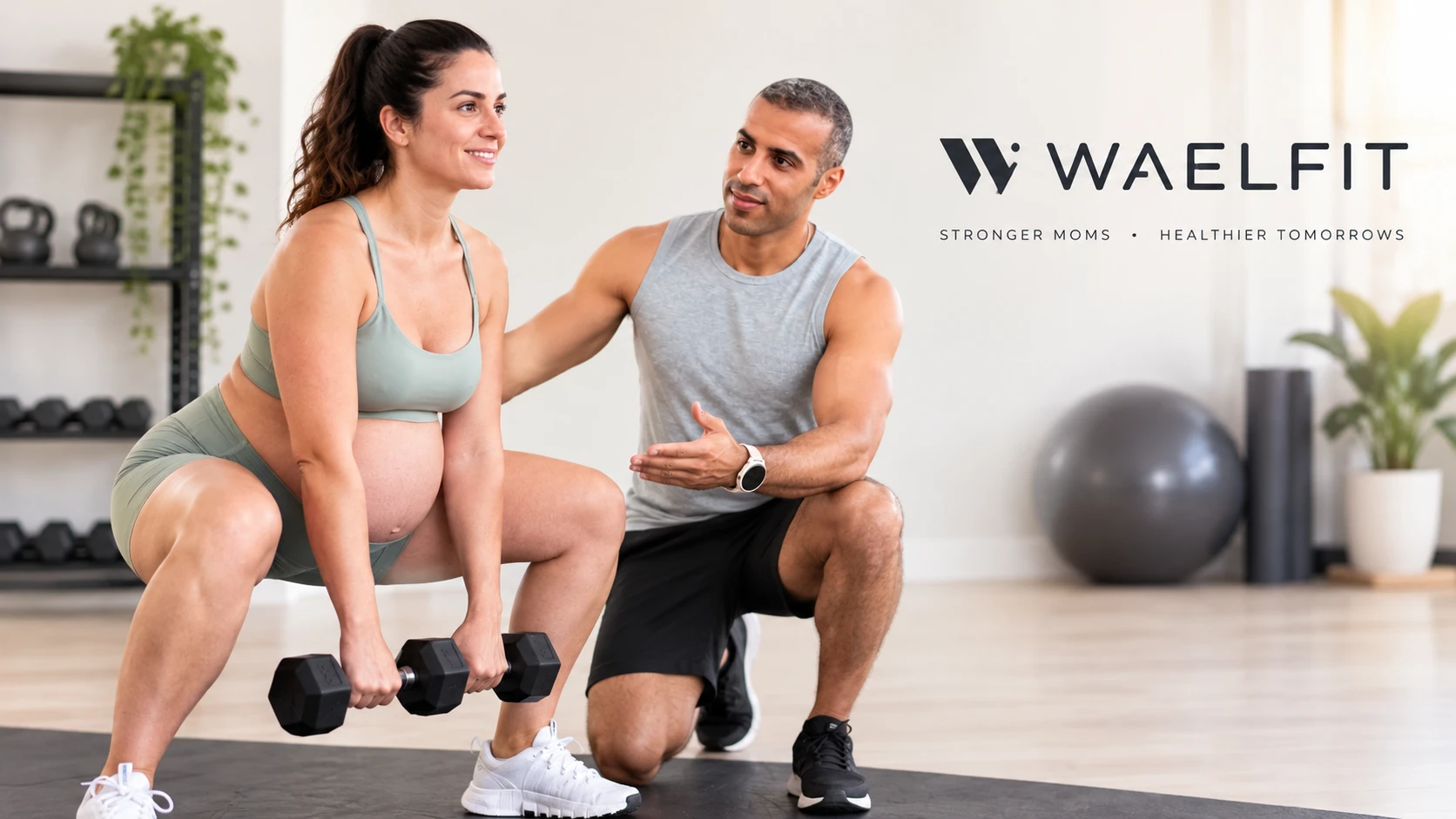 Coach Wael guiding a pregnant client through a squat